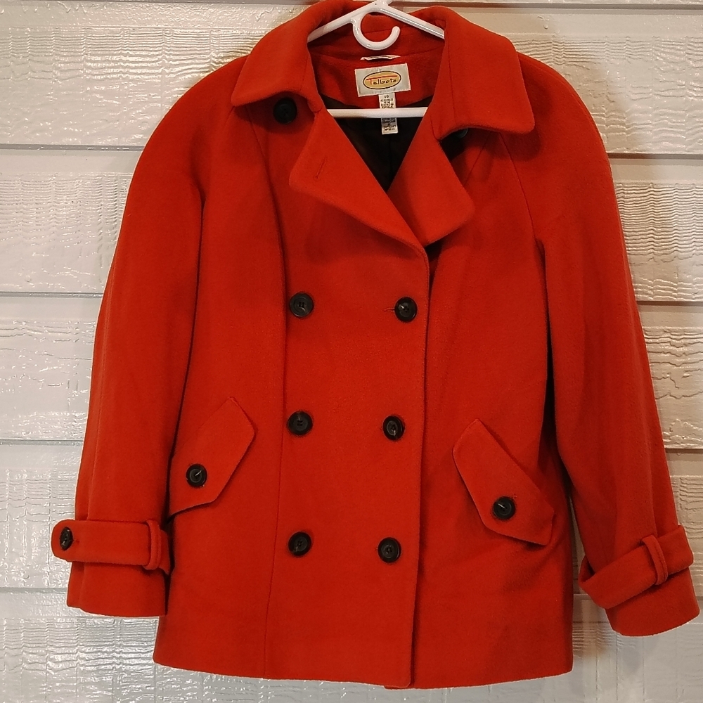 Talbots RED ORANGE 100% Italian Wool Double Breasted Jacket Pea Coat Size 10